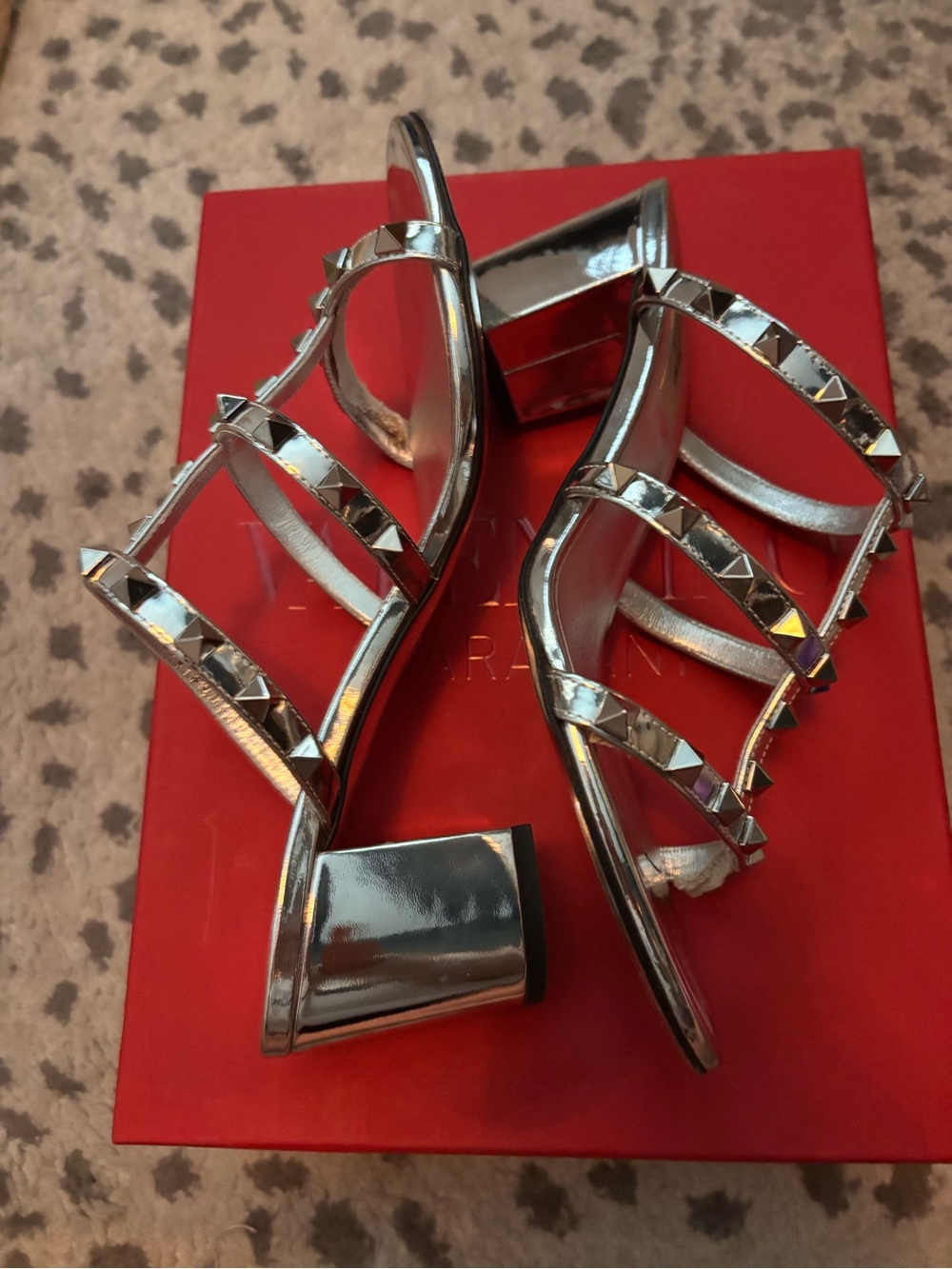 Rockstud- Valentino Gravani -T-Strap Heel size 38-1/2 60MM Metallic Silver